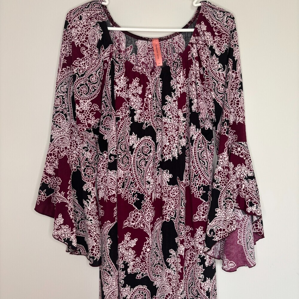 HONEY ME CURVY Bell Sleeve Tunic Dress Womens XXXL Red Black Paisley Flowy